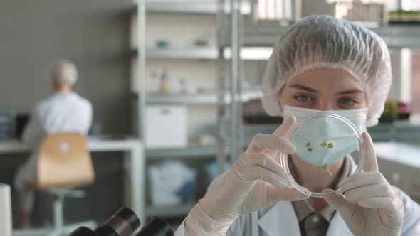 Woman Examining Petri Dish in Laboratory