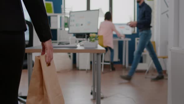 Businesswoman Holding Delivery Takeaway Food Meal Order Paper Bag During Takeout Lunchtime