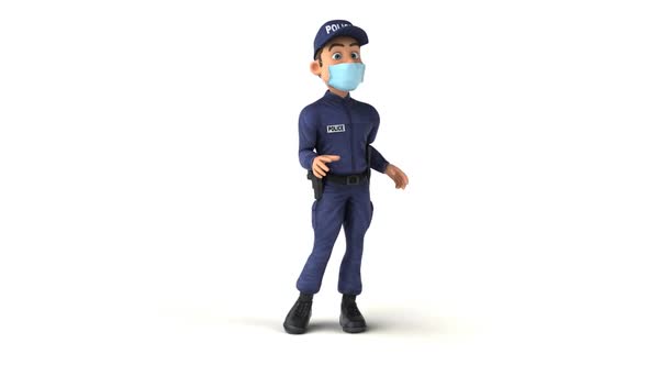 Fun cartoon Policeman walking and talking with a mask