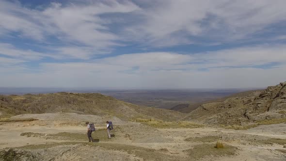 Aerial view of hikers on Mount Chapaqui in Cordoba Province, Argentina