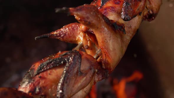 Slowmotion Panorama of Juicy Quails on the Skewer Roasting Above the Open Fire