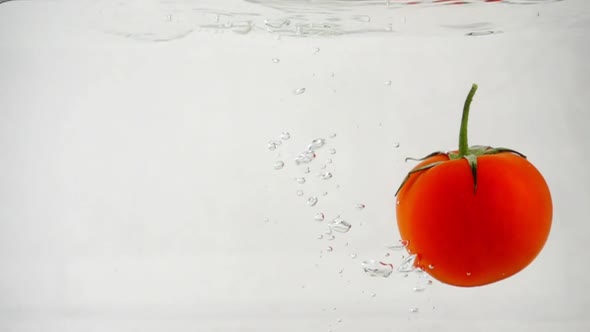 One Ripe Red Tomato Are Dive Underwater on a White Background