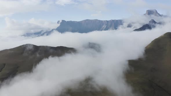 Aerial View of mountains in the clouds, Maluti A Phofung NU, Free, South Africa.