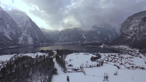 Aerial view of winter scenery in Hallstatt, Austria