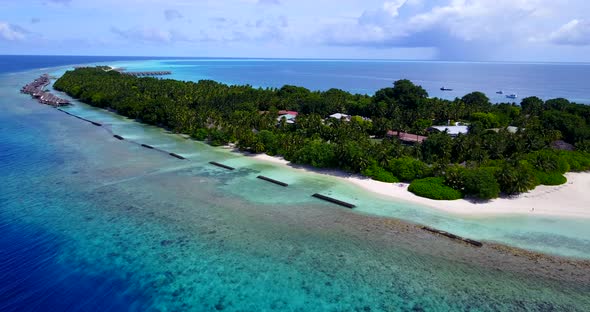 Beautiful above copy space shot of a white paradise beach and aqua blue water background 