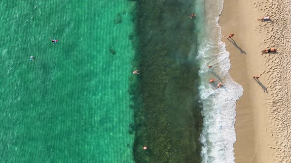 People swim in the azure sea aerial view 4 K Turkey Alanya