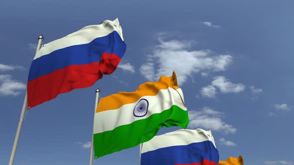 Row of Waving Flags of India and Russia