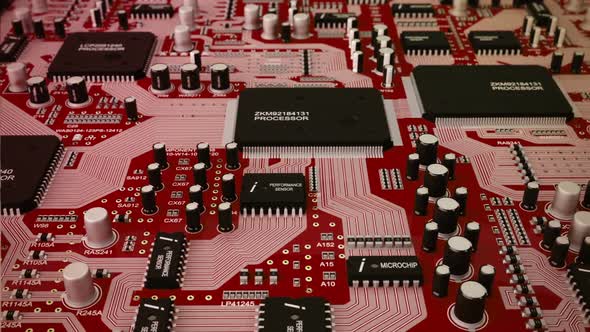 Circuit motherboard with processor and complex electronics, chips, semiconductor