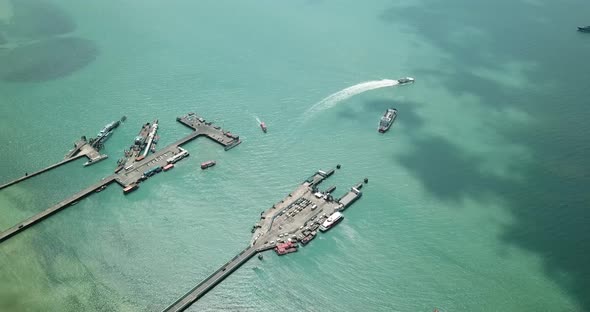 Aerial Panoramic View of Koh Samui Pier with Arriving boats and Ships