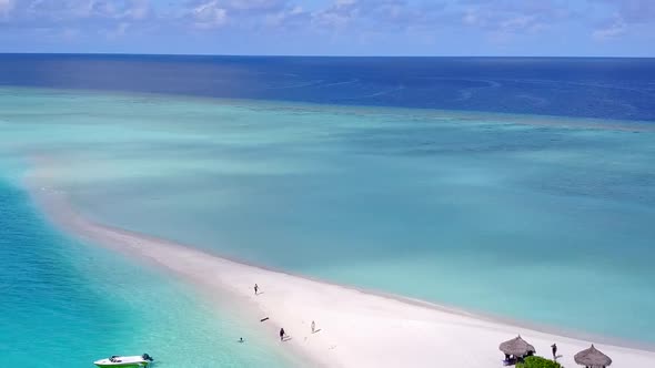 Aerial drone tourism of shore beach trip by blue lagoon and sand background