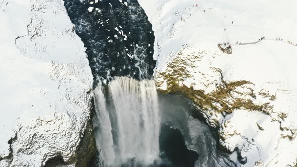 Aerial Drone View of Magnificent Famous Waterfall Skogafoss in Iceland