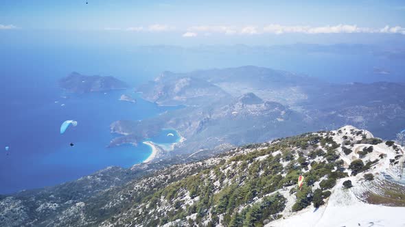 Drone view on world famous paragliding spot in Oludeniz, Fethiye, Turkey