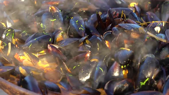 Mussels fried in a large pan with herbs and spices on a bonfire