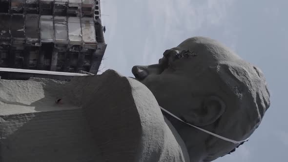 Vertical Video of the Shevchenko Monument Destroyed By the War in Borodyanka Ukraine