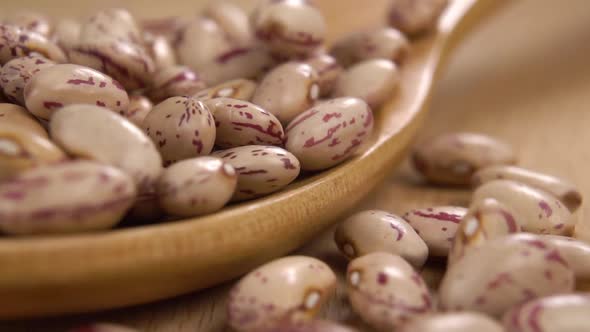 Raw cranberry pinto beans fall and fill an empty wooden spoon