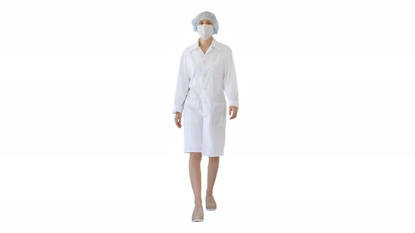Walking Female Doctor Wearing Surgical Mask on White Background