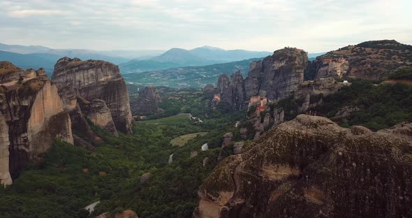 Aerial View Of The Mountains And Meteora Monasteries In Greece