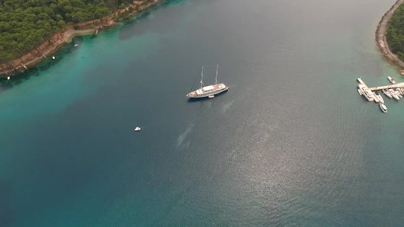 Aerial view of touristic sailing boat anchored at Adriatic sea, Croatia.