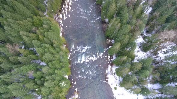 Overhead Aerial view of Puntledge River in Courtenay, BC, Canada.