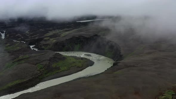 Iceland. Aerial view on the mountain, field and river. Landscape in the Iceland at the day time 