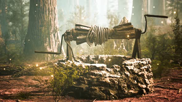 Old Stone Draw Well in the Forest with Fog