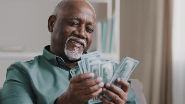 Happy African American Satisfied Winning Bet Elderly Retired Man Counting Savings Mature Male with