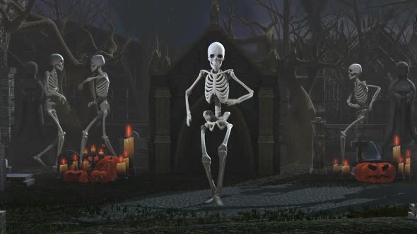  Skeletons dancing salsa in a cemetery