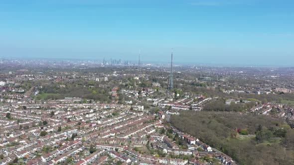 High drone shot of two antenna in south london Crystal palace tower radio
