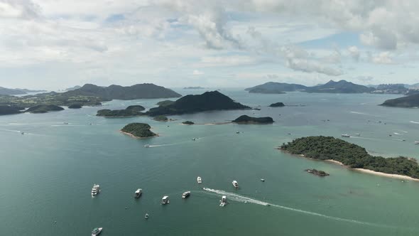 Boat traffic in South China Sea, UNESCO Global Geopark in Sai Kung, Aerial view