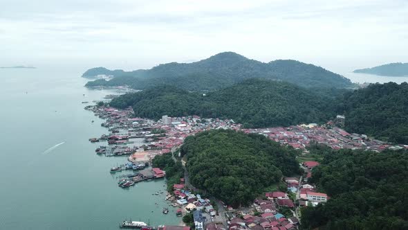 Aerial view fishing town at Pulau Pangkor island, Perak, Malaysia.