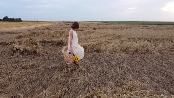 beautiful young woman in dress walk run across in a wheat field. summer holiday concept. happy girl 