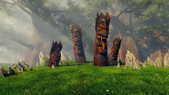 Forest Glade And Wooden Sculptures