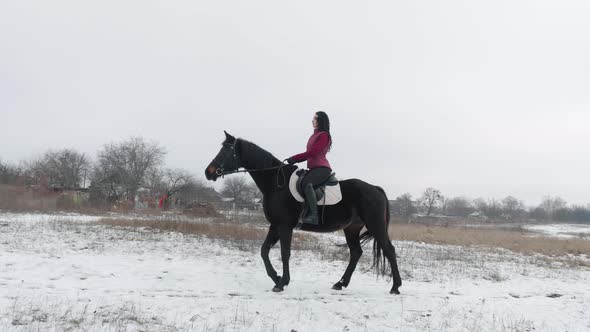 Young Brunette Woman Rides a Beautiful Black Horse on a Field or Snowcovered Farm in Winter