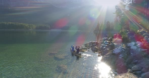 Aerial shot of two friends in canoe, Bavaria, Germany