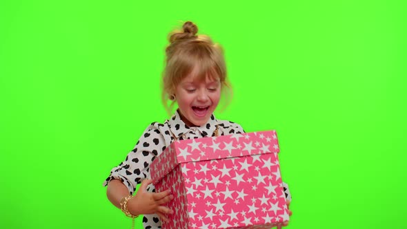 Cheerful Stylish Child Girl Opening Gift Box Great Happiness Amazement Satisfied with Best Present