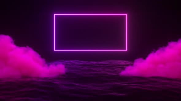 Neon Clouds And Ocean With Neon Frame Background