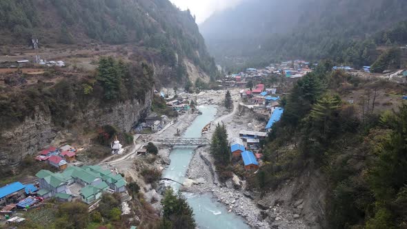 Marsyangdi River running through Chame Village in Nepal