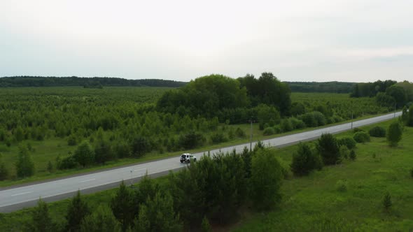 Aerial View of a Car Driving Along the Road Among Fields of Green Grass