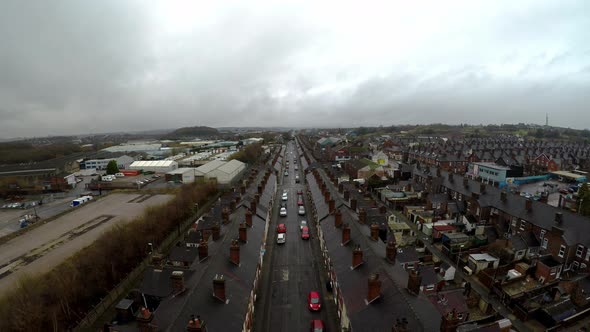 Aerial footage of Oldfield Street in one of Stoke on Trents poorer areas, Terrace housing, poverty a
