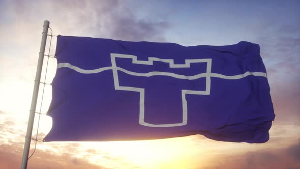 Tyne and Wear Flag England Waving in the Wind Sky and Sun Background