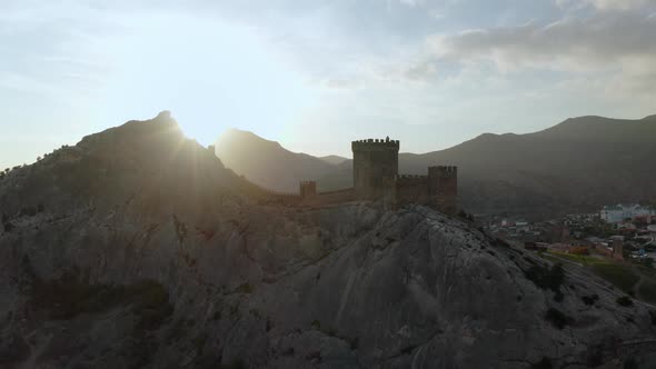 Genoese Fortress in Sudak City on Top Mountain Cliff on Black Sea Coast. Architecture Old Castle on