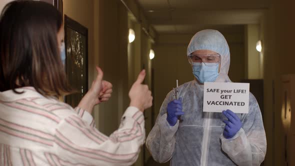 Medical Worker with Text on Paper Visiting Woman at Home Offering Vaccination Against Coronavirus