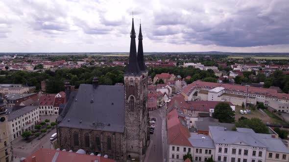 rotating around st Jakob church in Kothen in Germany, drone shot