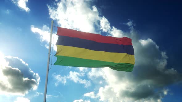 Flag of Mauritius Waving at Wind Against Beautiful Blue Sky