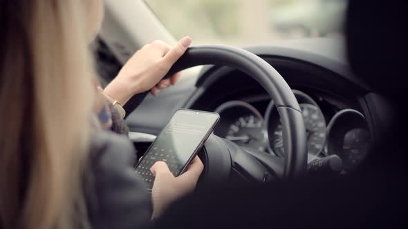 Checking Email Chats And Reading News. Female Writing Message In Vehicle On Social Network Chats.