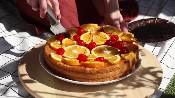 Female cut pie with oranges for a event day on picnic checked cloth. Side view