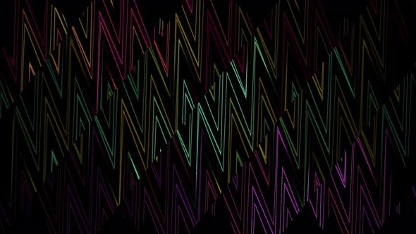 Decorative wall with flowing geometric shapes formed by triangular neon lines