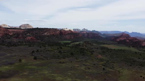 Zion National Park. Rotation whirl drone view on the green plateau of the cliff.