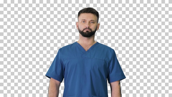 Serious male surgeon with a beard walking, Alpha Channel