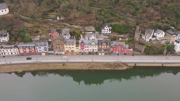 drone images from a higher altitude flying over the Moselle river and the German town of Cochem with